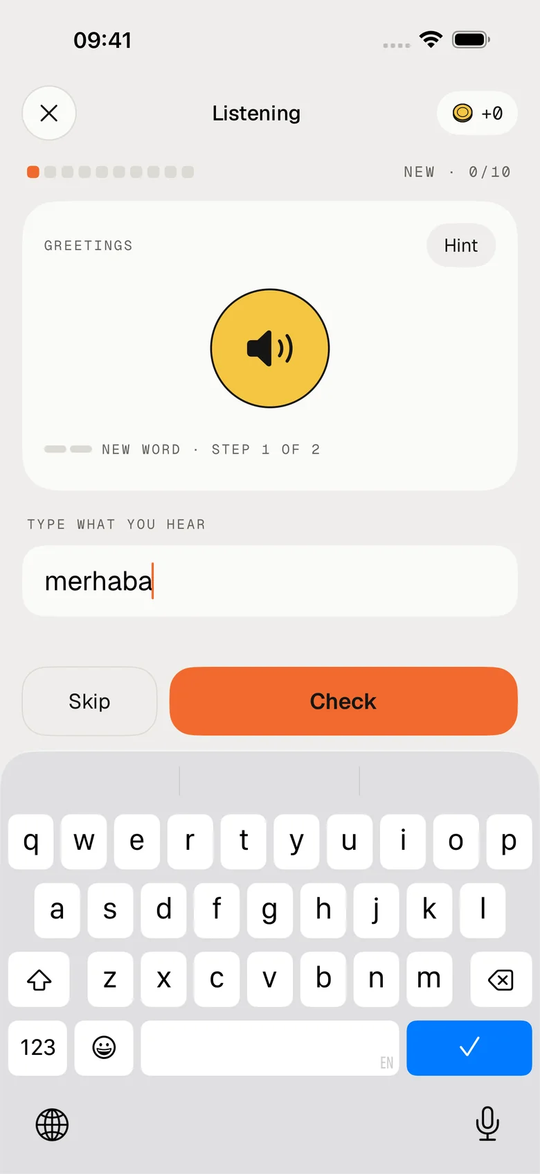 The Listening practice in Turkish: a round yellow button plays a word, and “merhaba” is typed into the text box.